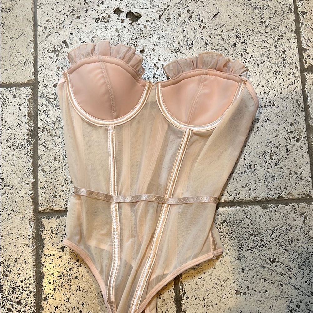 Nasty Gal Blush Sheer Bodysuit with Ruffle Detail